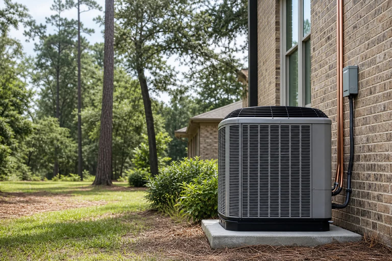 Two-story Spanish Fort home with a properly sized outdoor AC condenser on a concrete pad beside the foundation