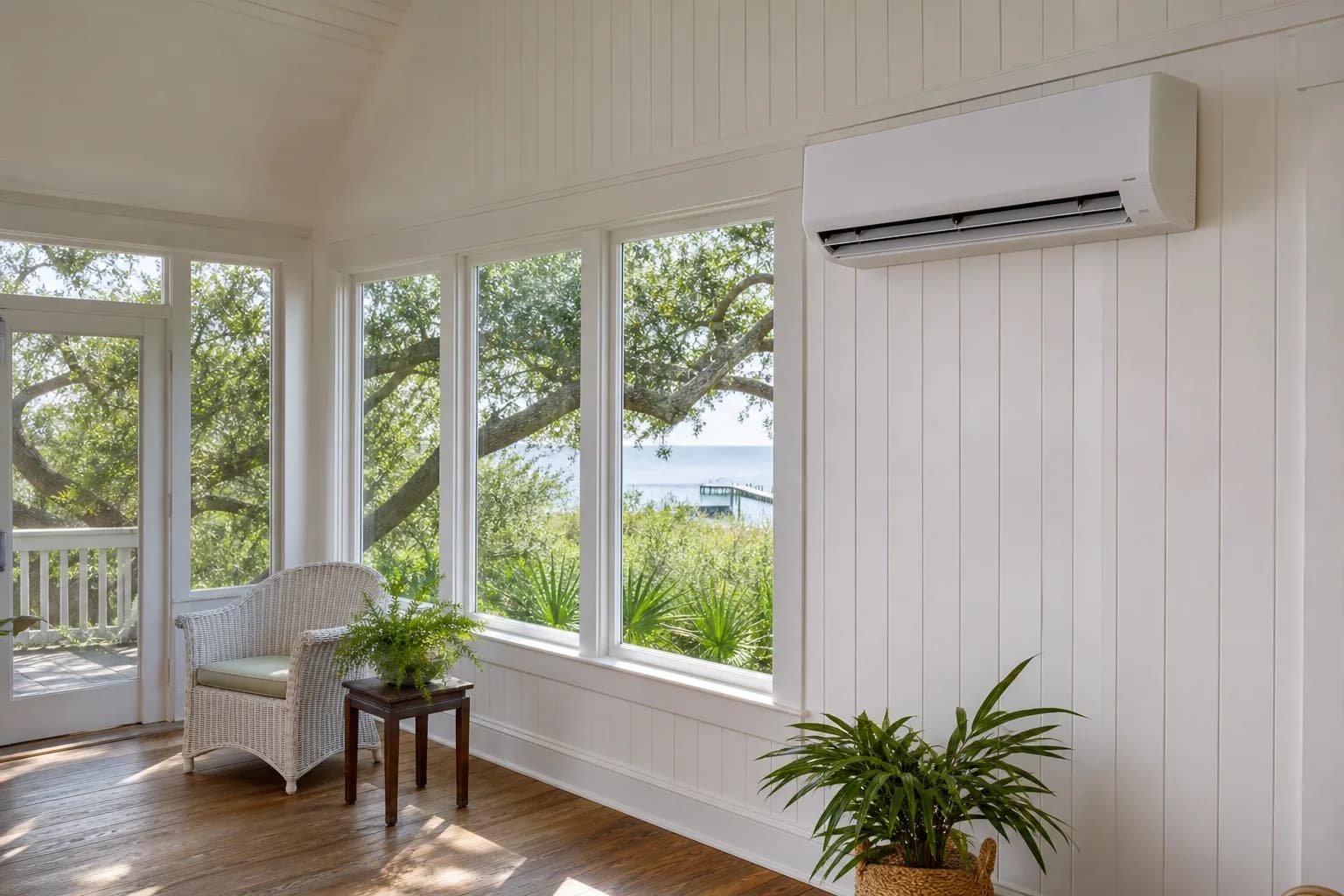 Air Solutions technician fitting a wall-mounted ductless mini-split head at a Gulf Shores, Alabama home, illustrating "When a Ductless Mini-Split Beats Centr Air"