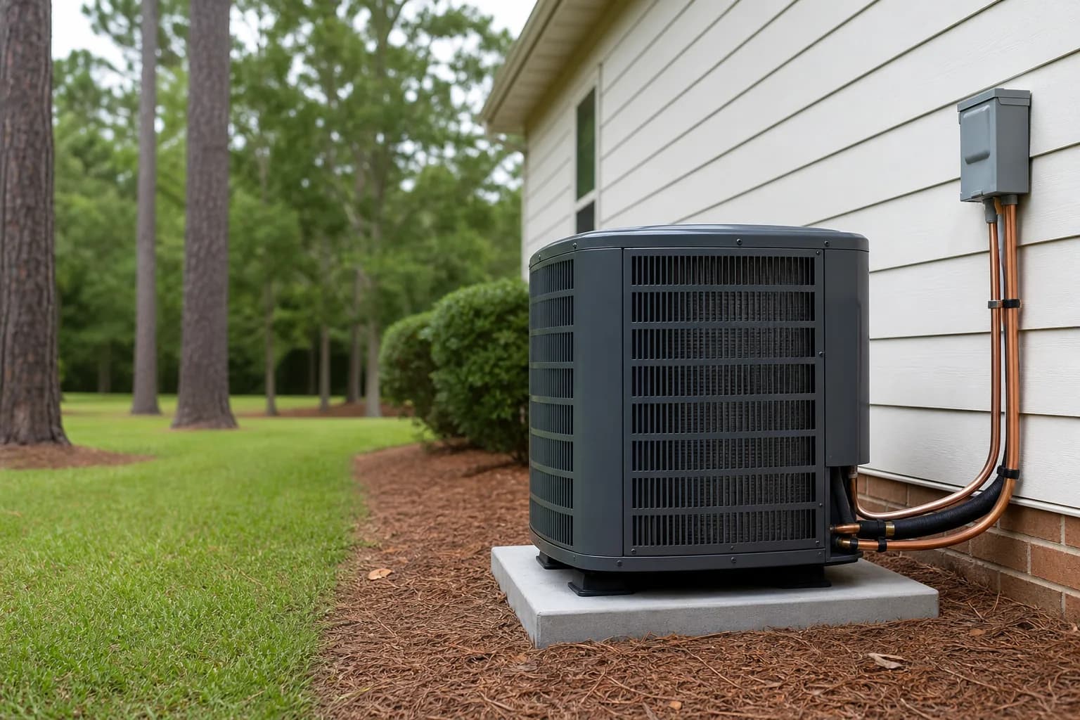 Air Solutions technician setting a new outdoor AC condenser on its pad at a Daphne, Alabama home, illustrating "Whole-House Dehumidifiers: Are They Worth It in Baldwin County?"