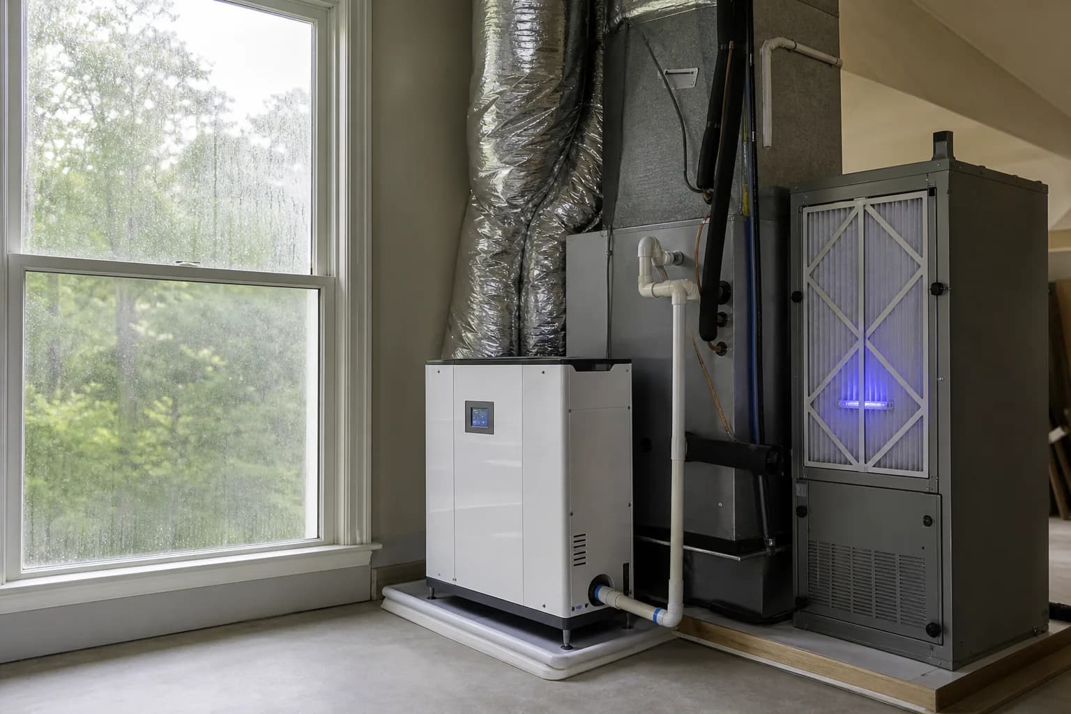 Air Solutions technician installing whole-home air-quality equipment on an air handler at a Fairhope, Alabama home, illustrating "Whole-House Dehumidifiers Summer Humidity: When Worth It"