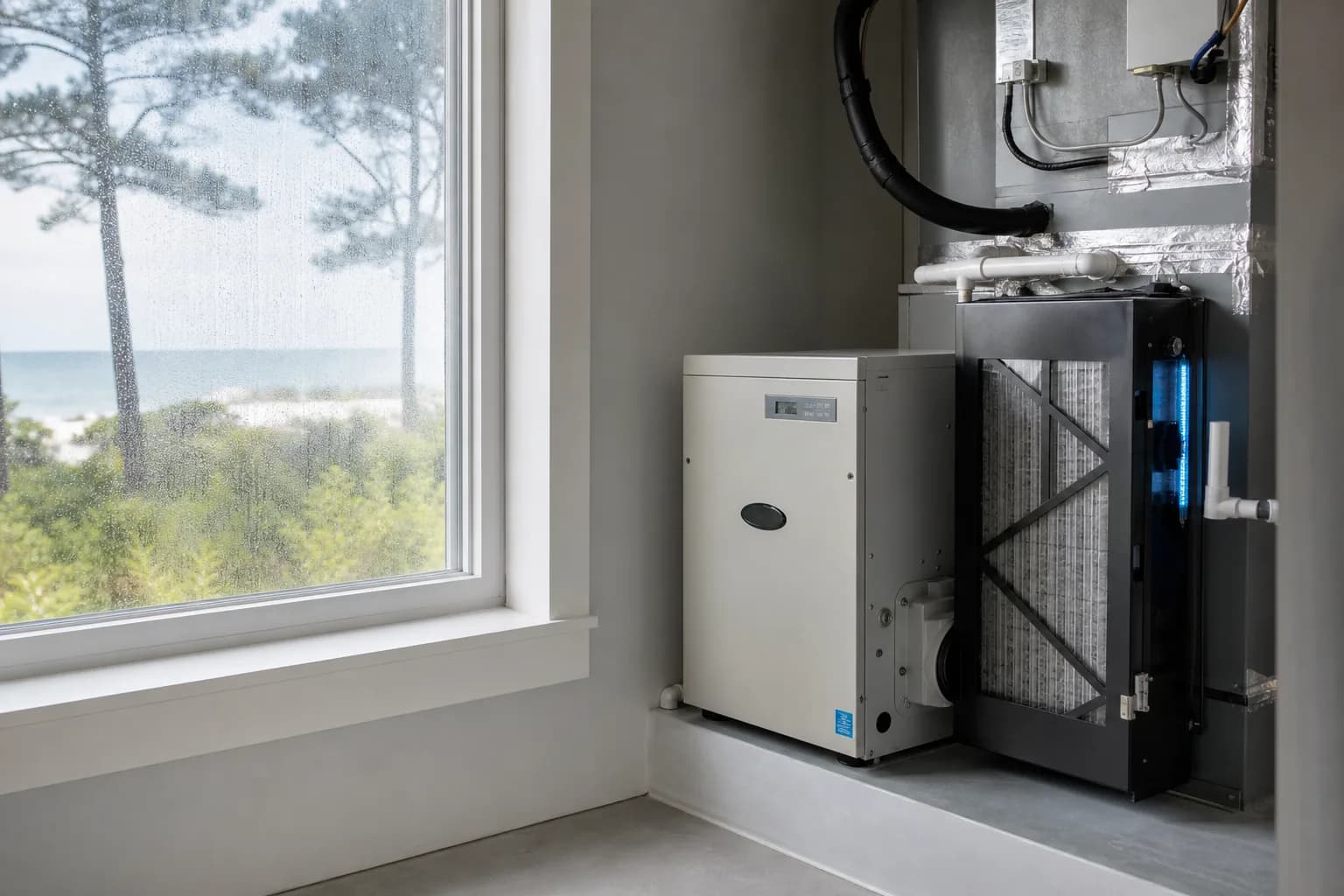 Air Solutions technician installing whole-home air-quality equipment on an air handler at a Orange Beach, Alabama home, illustrating "Whole-House HEPA Spring Allergy Season: Worth It?"
