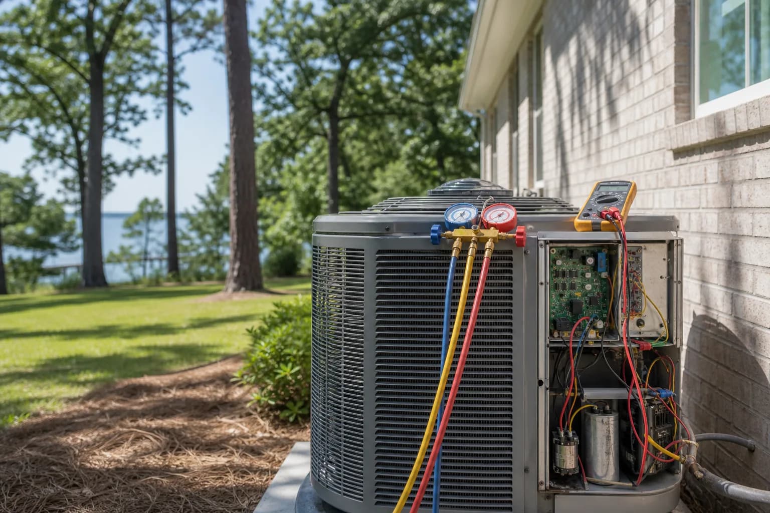 Outdoor AC condenser unit running outside a Spanish Fort, Alabama home on a hot summer afternoon