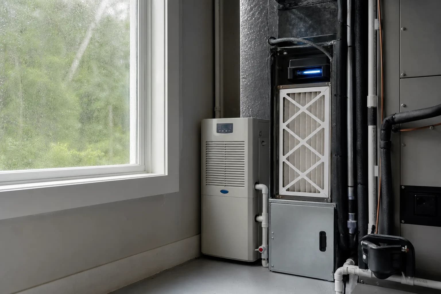 A residential air handler and thermostat in a Spanish Fort, Alabama home during a humid Gulf Coast summer, illustrating why an air conditioner can run cold without removing humidity.