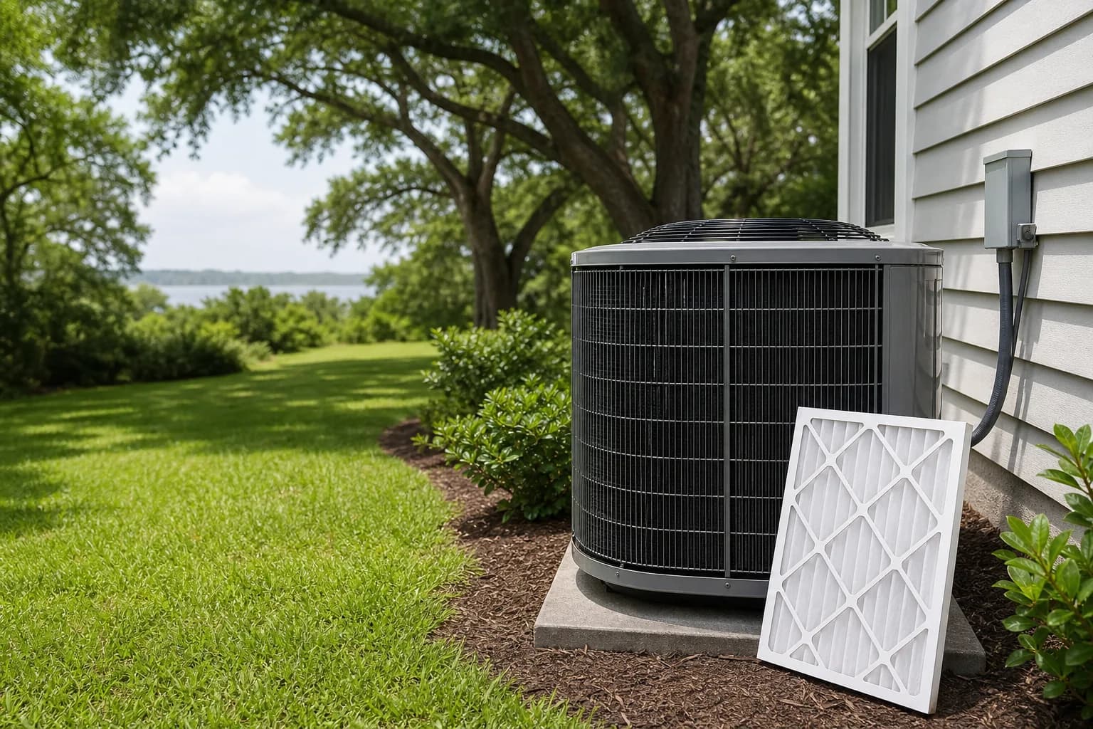 Outdoor AC condenser unit beside a Spanish Fort home in summer with afternoon sun and a Baldwin EMC meter visible on the wall.