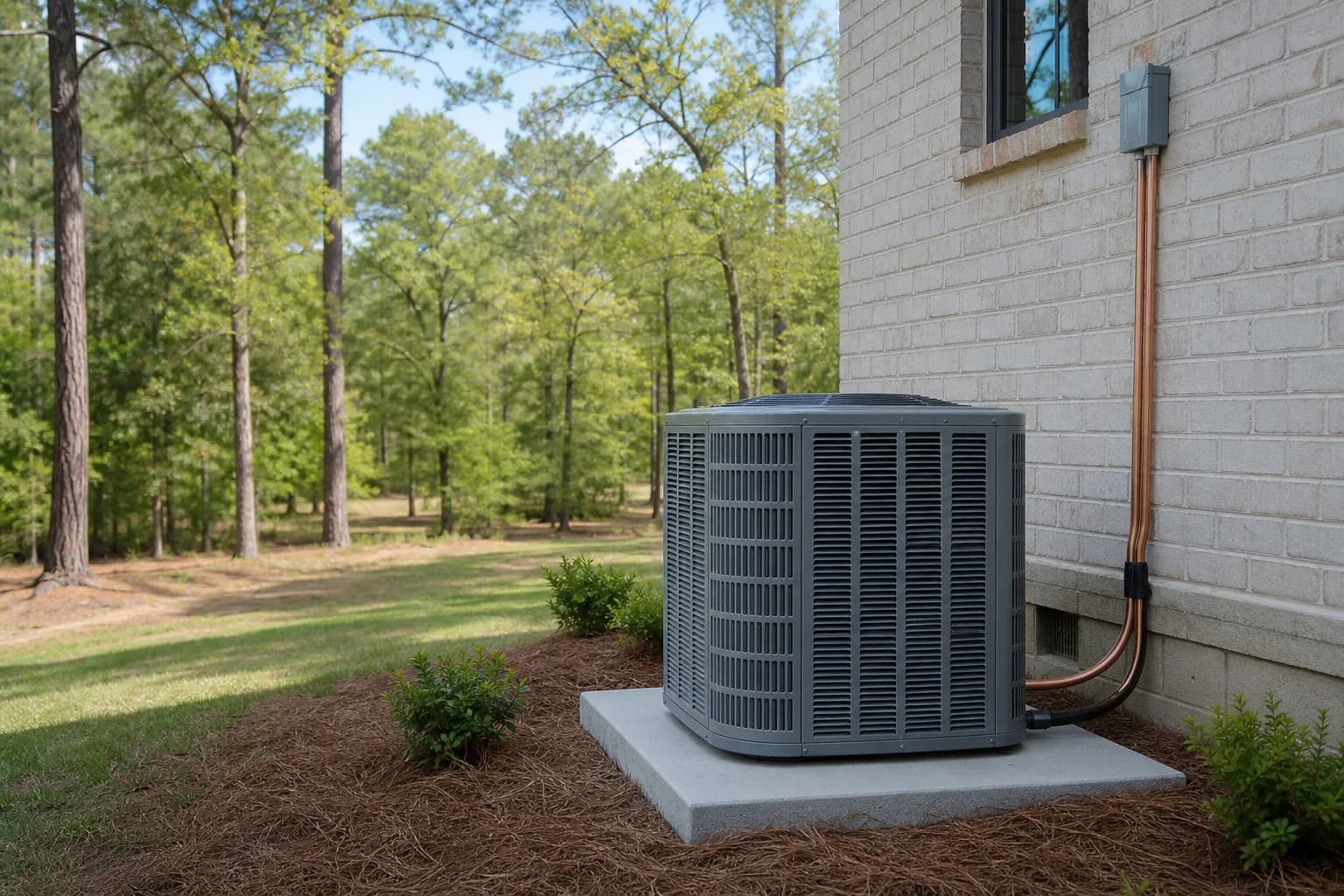 Air Solutions technician setting a new outdoor AC condenser on its pad at a Daphne, Alabama home, illustrating "Why Spring Is the Cheapest Time to Buy a New AC"