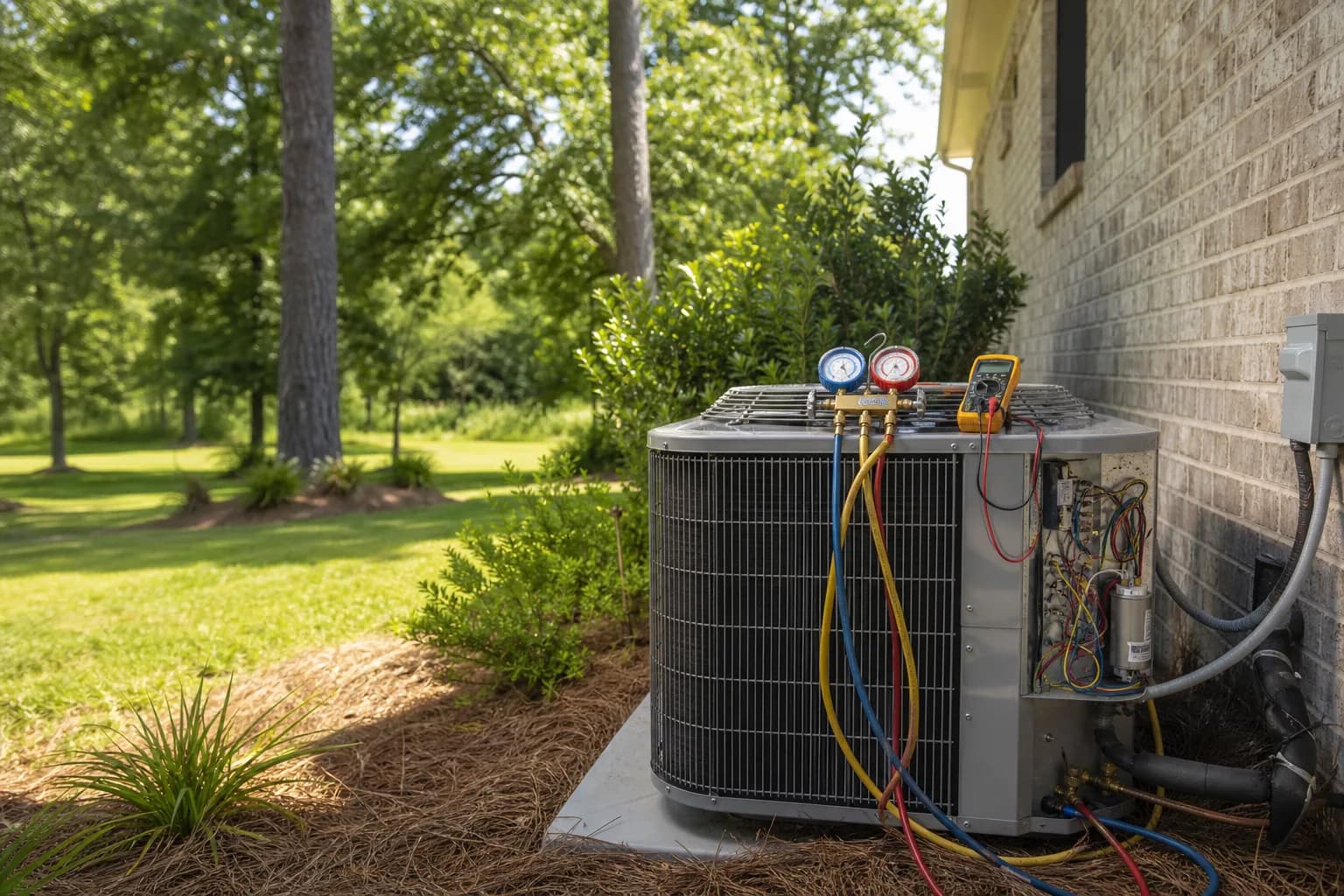 Air Solutions technician diagnosing a residential air-conditioning condenser at a Loxley, Alabama home, illustrating "Why Your AC Is Blowing Warm Air: 4-Step Troubleshooting Guide"