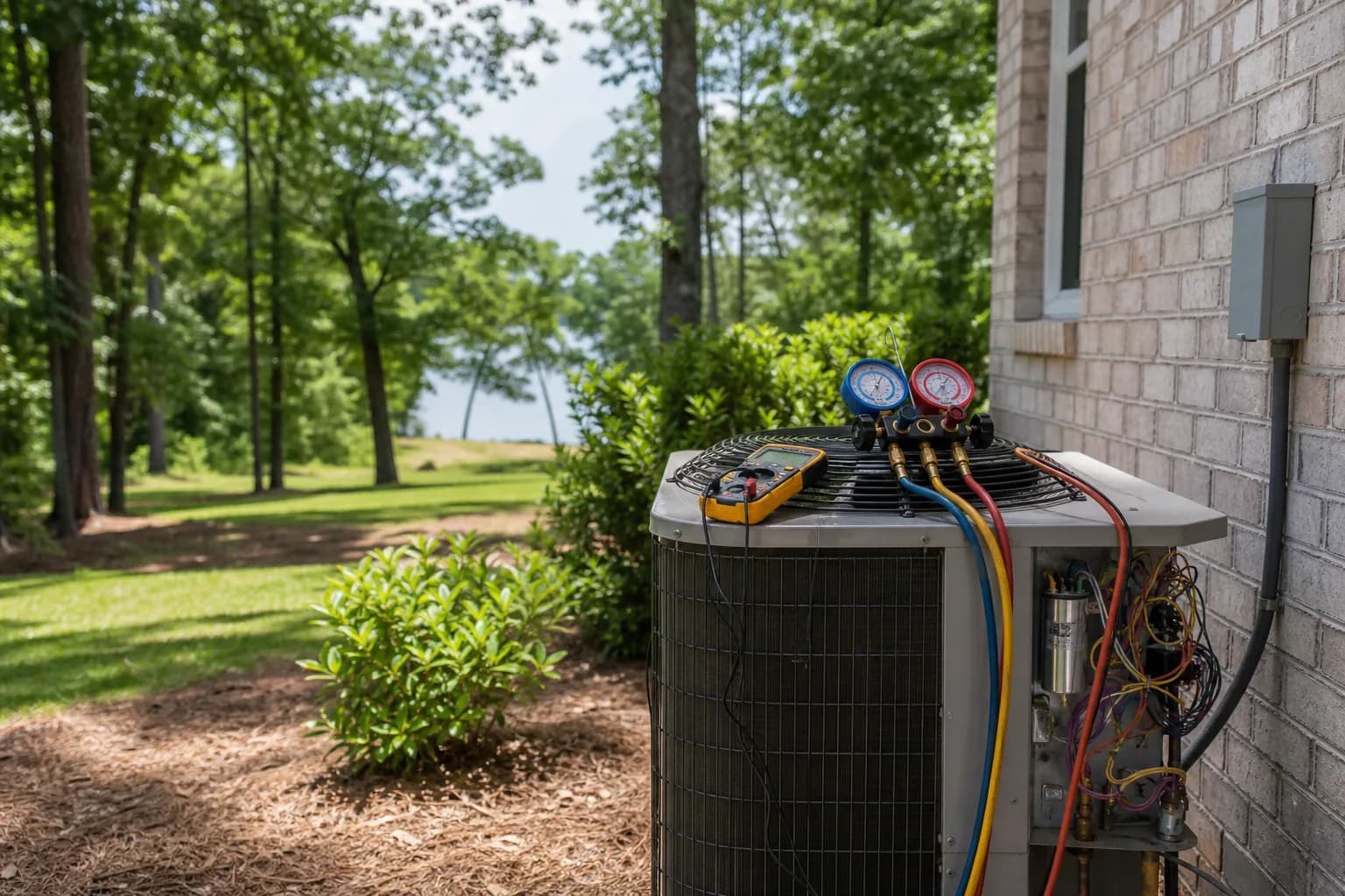 Air Solutions technician diagnosing a residential air-conditioning condenser at a Daphne, Alabama home, illustrating "Why Your AC Runs All Day But Won't Cool on Extreme-Heat Afternoons"