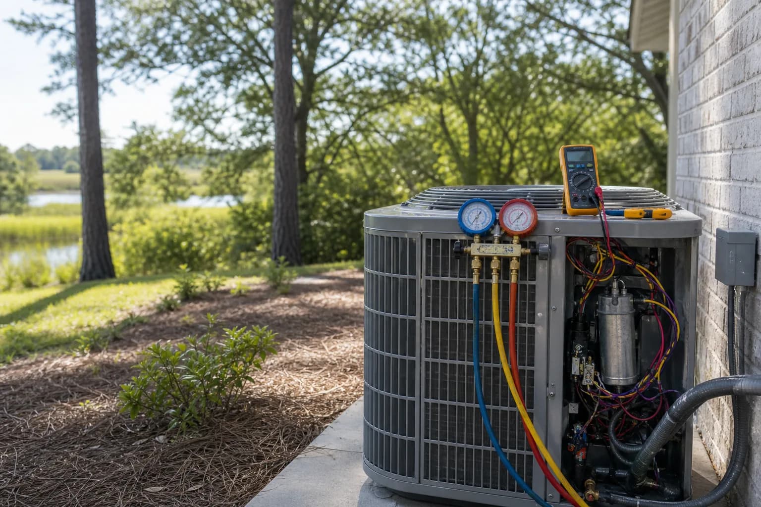 Air Solutions technician diagnosing a residential air-conditioning condenser at a Summerdale, Alabama home, illustrating "Why Your AC Smells Like Mildew When You First Turn It On"