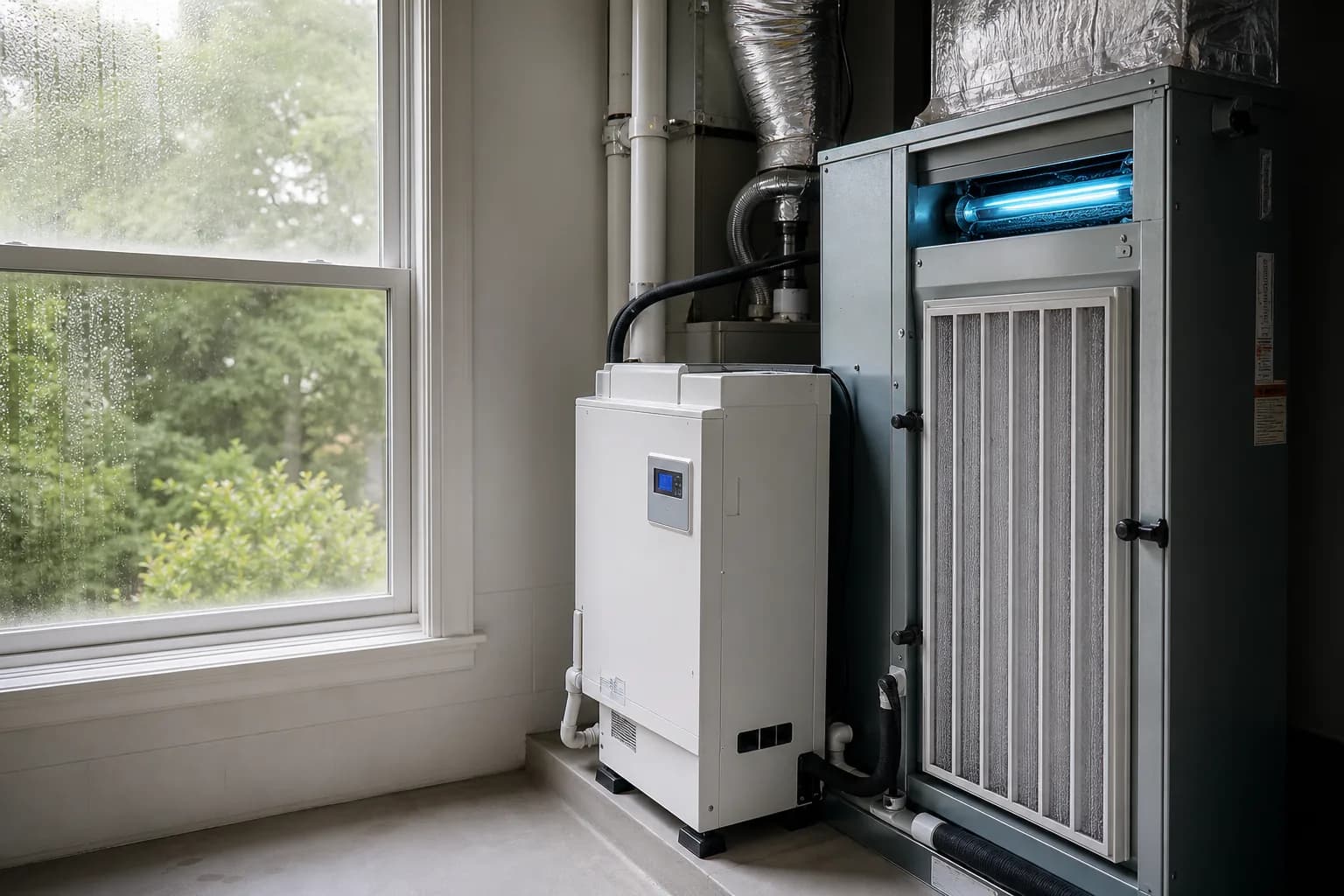 Air Solutions technician installing whole-home air-quality equipment on an air handler at a Spanish Fort, Alabama home, illustrating "Why Your AC Smells Musty in Summer: A Humidity-Mold Diagnostic"
