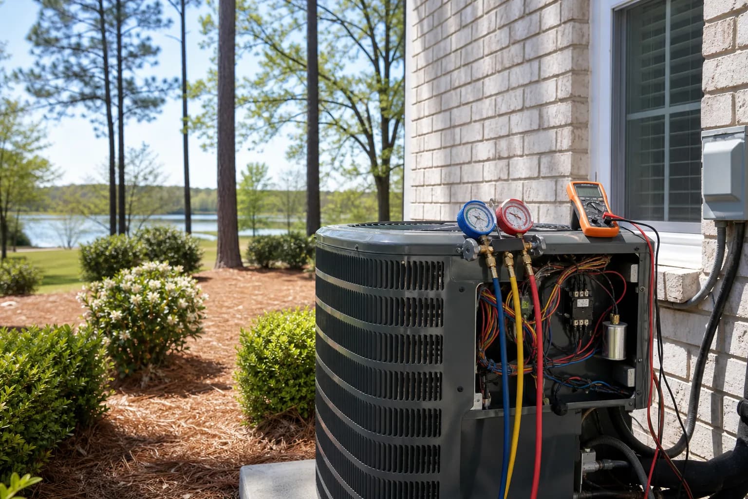 Air Solutions technician diagnosing a residential air-conditioning condenser at a Foley, Alabama home, illustrating "Why Your AC Sounds Like a Lawn Mower After Spring Startup"