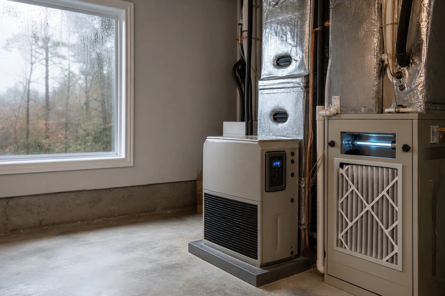 Air Solutions technician installing whole-home air-quality equipment on an air handler at a Foley, Alabama home, illustrating "Homeowner Questions: Why the House Feels Stuffy Once Fall Sets"