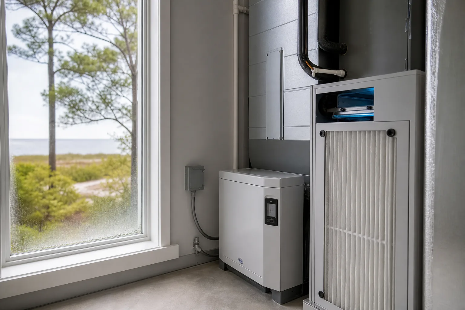 Air Solutions technician installing whole-home air-quality equipment on an air handler at a Gulf Shores, Alabama home, illustrating "Why Your Home Feels Sticky in Spring (And What Actually Helps)"