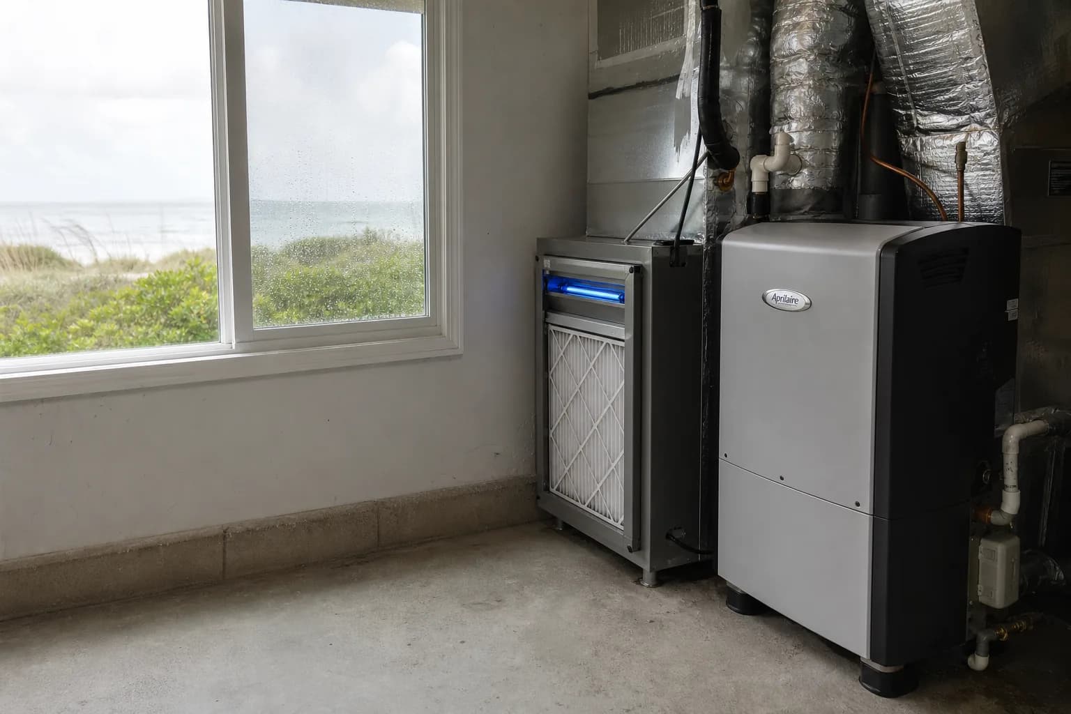 Air Solutions technician installing whole-home air-quality equipment on an air handler at a Gulf Shores, Alabama home, illustrating "Why Your House Is Humid Even When the AC Runs All Day"
