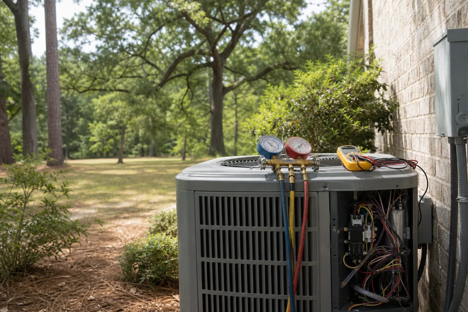 Air Solutions technician diagnosing a residential air-conditioning condenser at a Magnolia Springs, Alabama home, illustrating "Why Your Outdoor AC Unit Is Buzzing But Not Cooling"