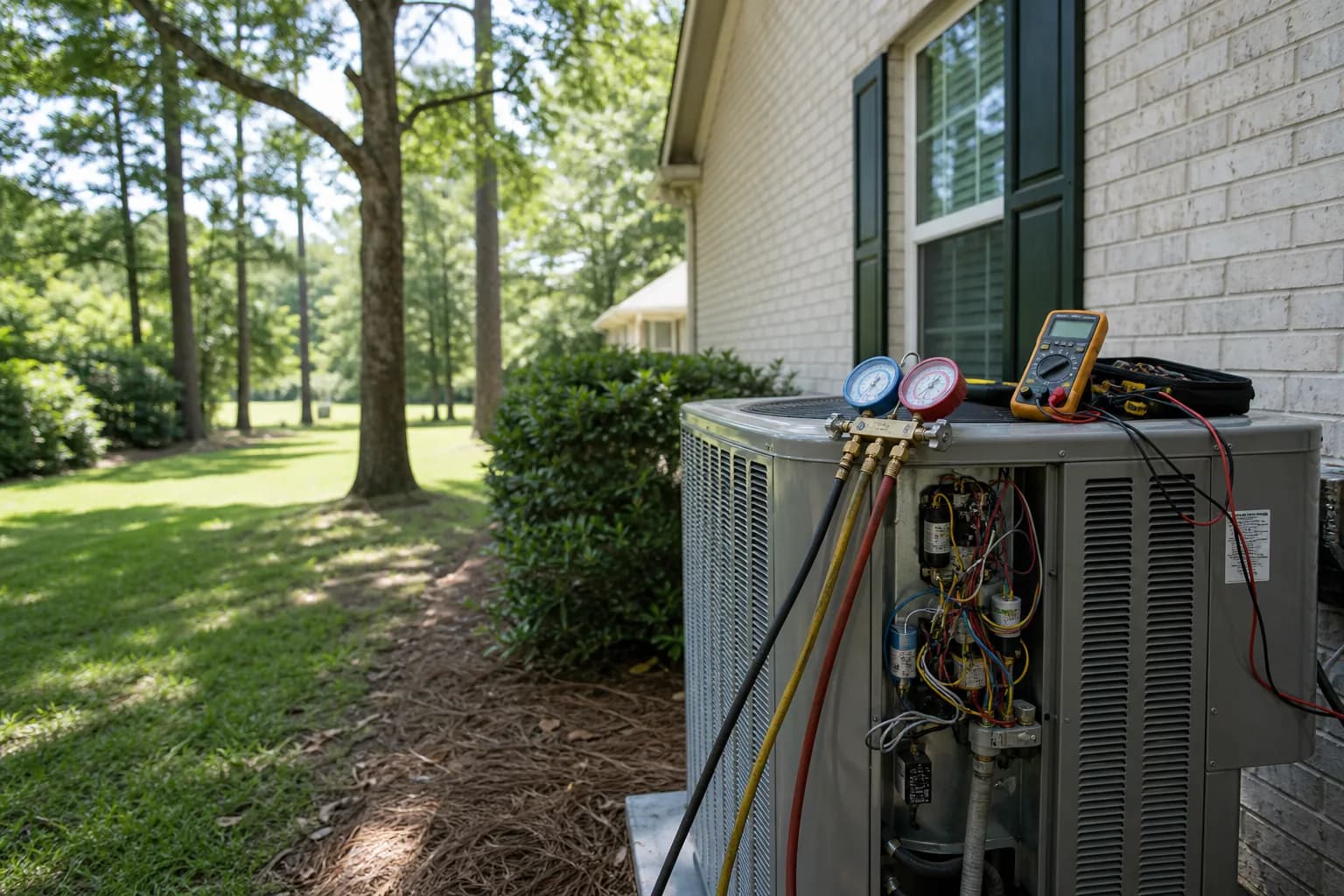 Air Solutions technician diagnosing a residential air-conditioning condenser at a Foley, Alabama home, illustrating "Why Your Upstairs Rooms Never Cool Down: Attic and Duct Heat Gain"