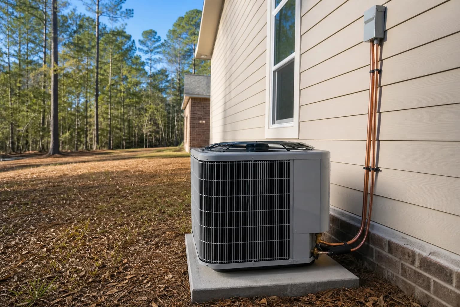 A newly installed outdoor AC condenser on a fresh concrete pad beside a Baldwin County home, with new copper refrigerant lines, framed by pine and oak trees.