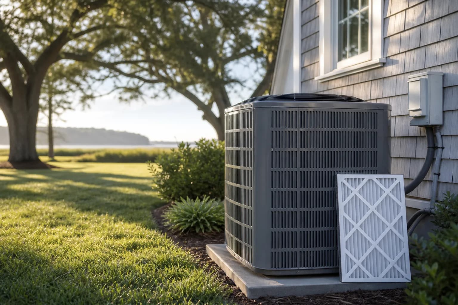 A clean, freshly serviced outdoor AC condenser with a new pleated filter beside a tidy Eastern Shore home in soft morning light.
