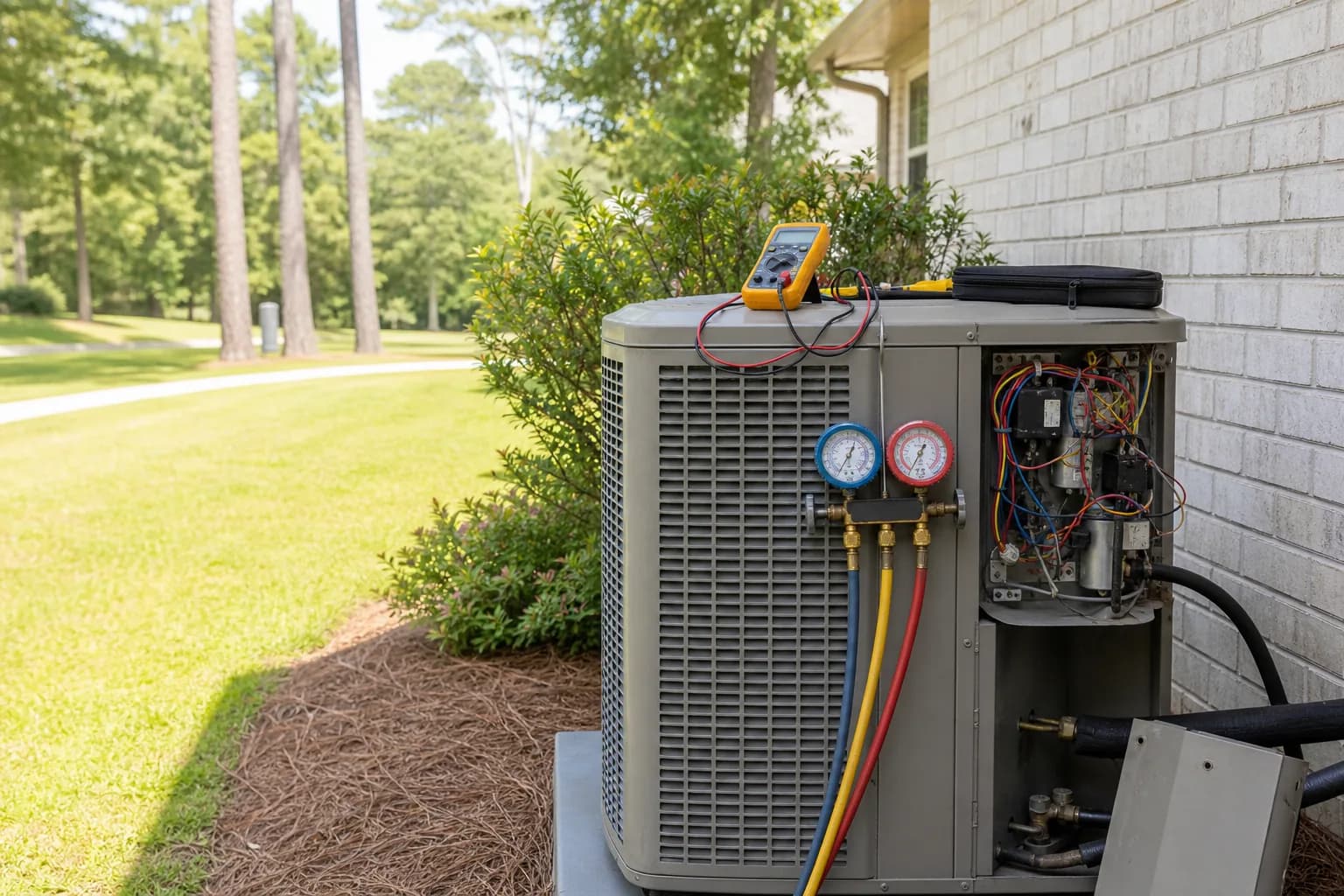 An outdoor AC condenser with its access panel off and HVAC service gauges on top mid-diagnosis beside a Gulf Coast home.