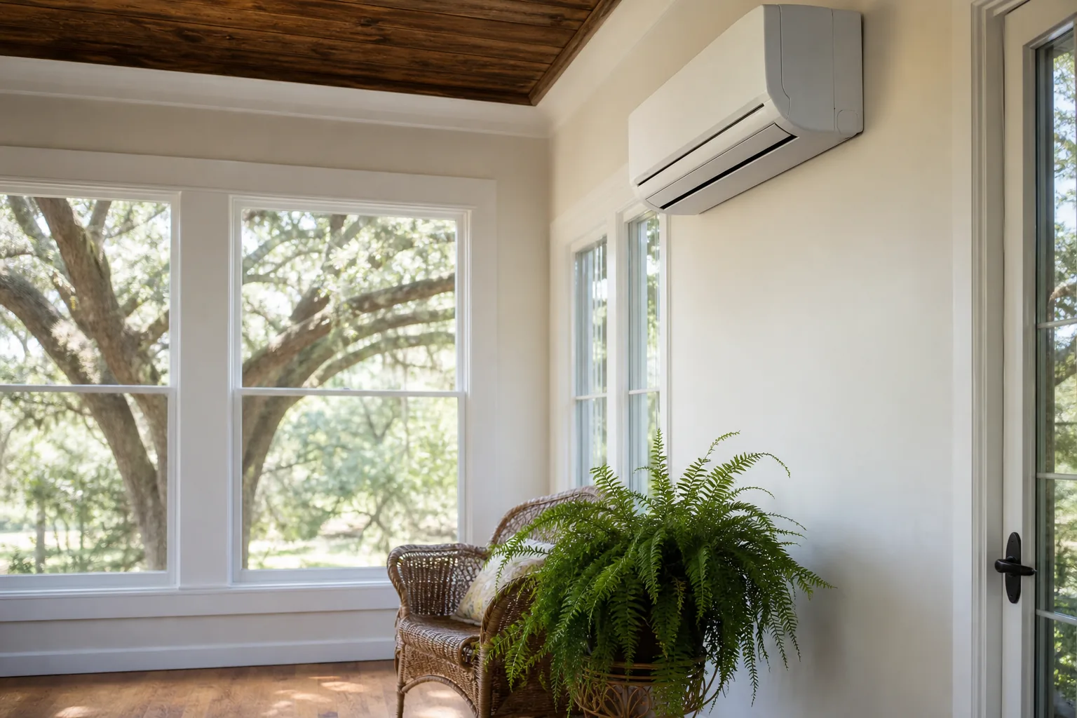 A white wall-mounted ductless mini-split head high on the wall of a bright sunroom in an older Southern home with live oaks outside.