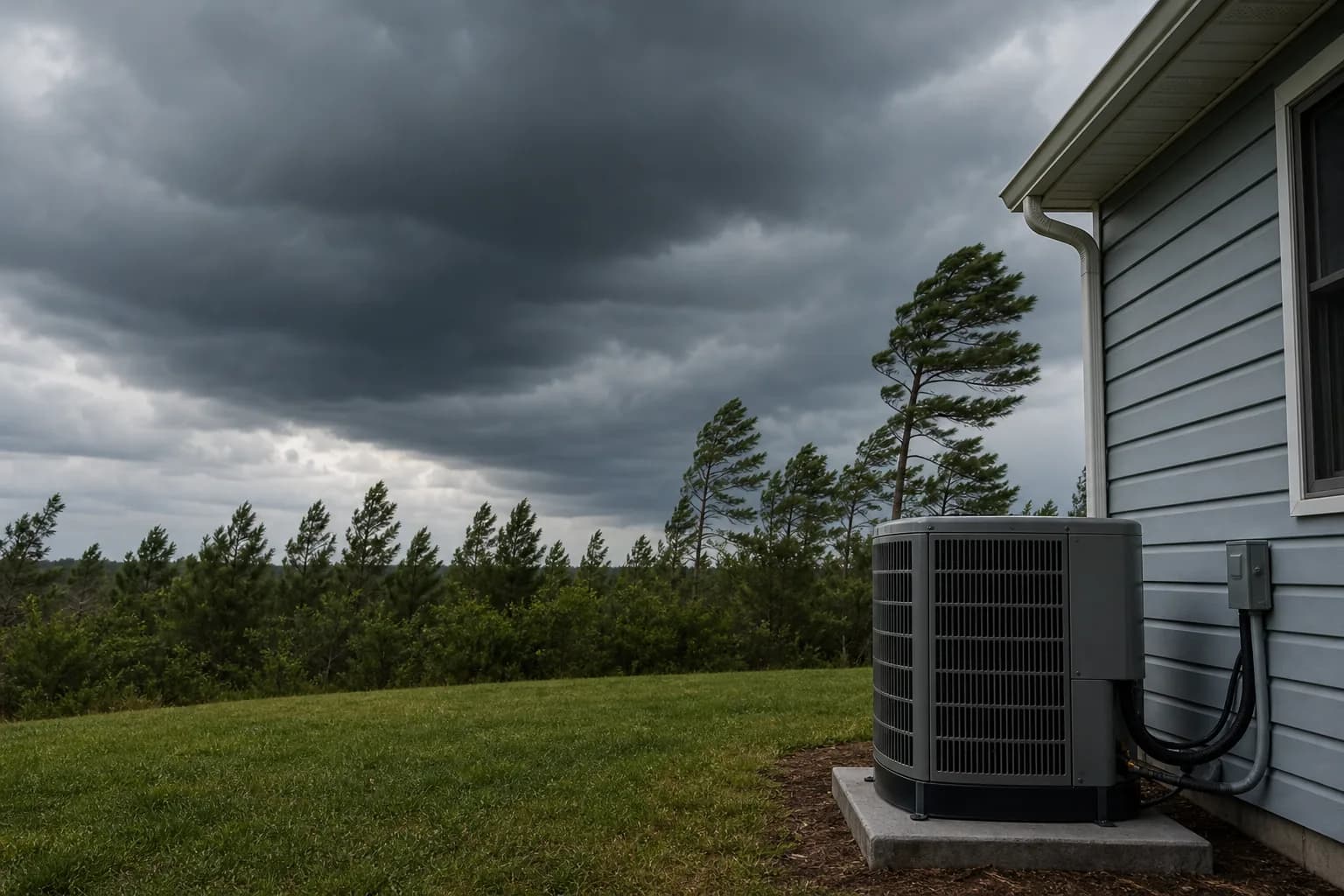 An outdoor AC condenser beside a coastal Baldwin County home under dark gathering storm clouds, conveying urgent after-hours HVAC service.