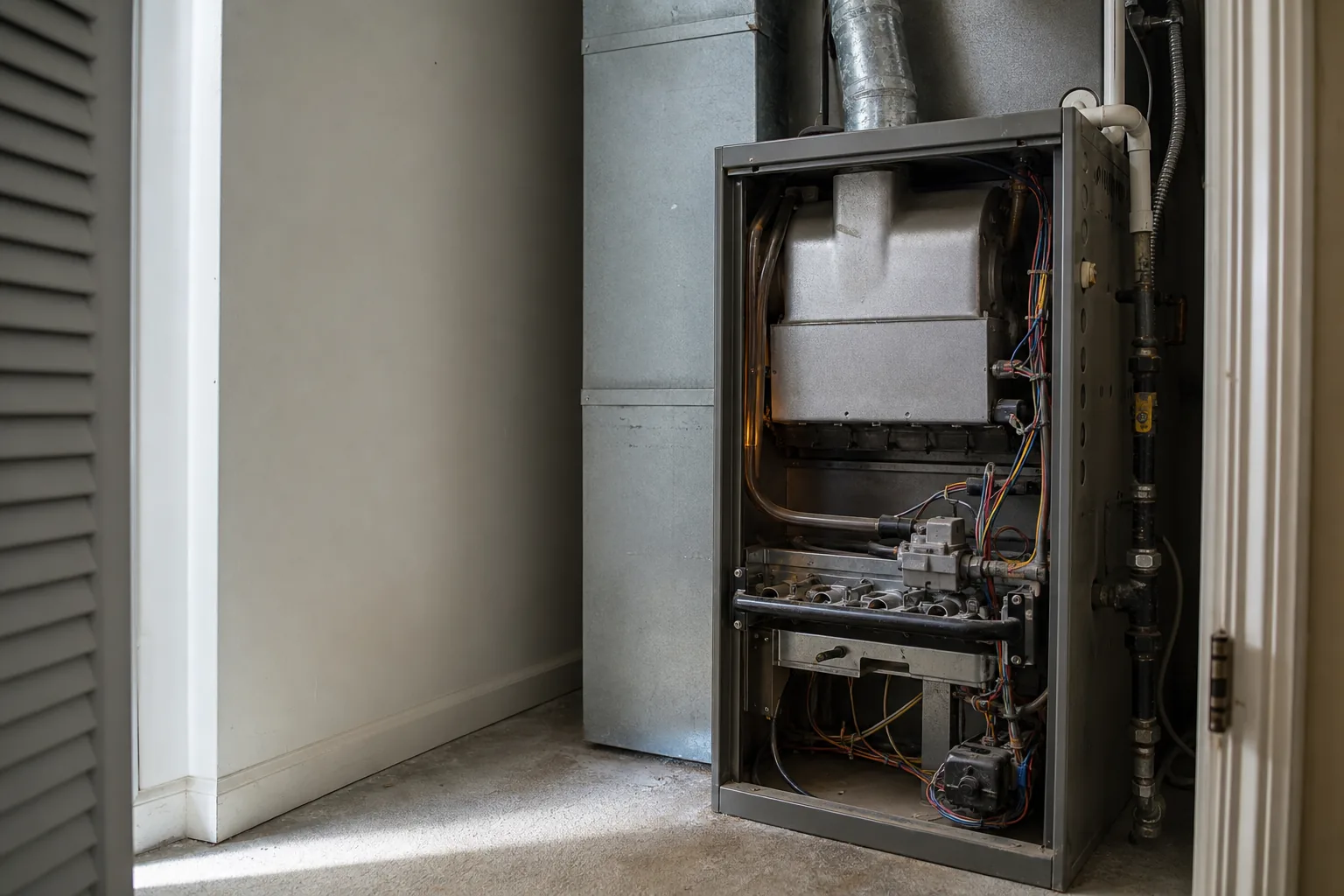An older residential gas furnace with its access panel open, revealing the heat exchanger and burner assembly, in a home utility closet.