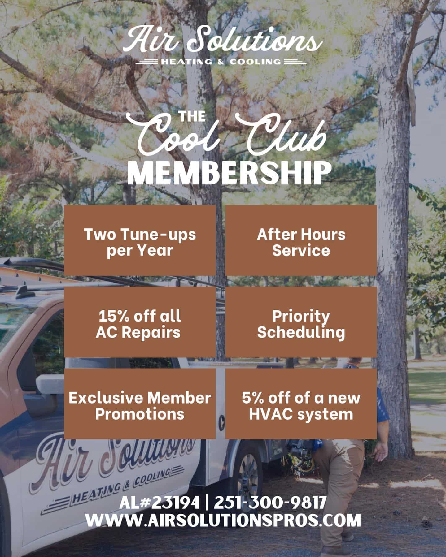Cool Club Membership benefits from Air Solutions Heating and Cooling in Baldwin County Alabama